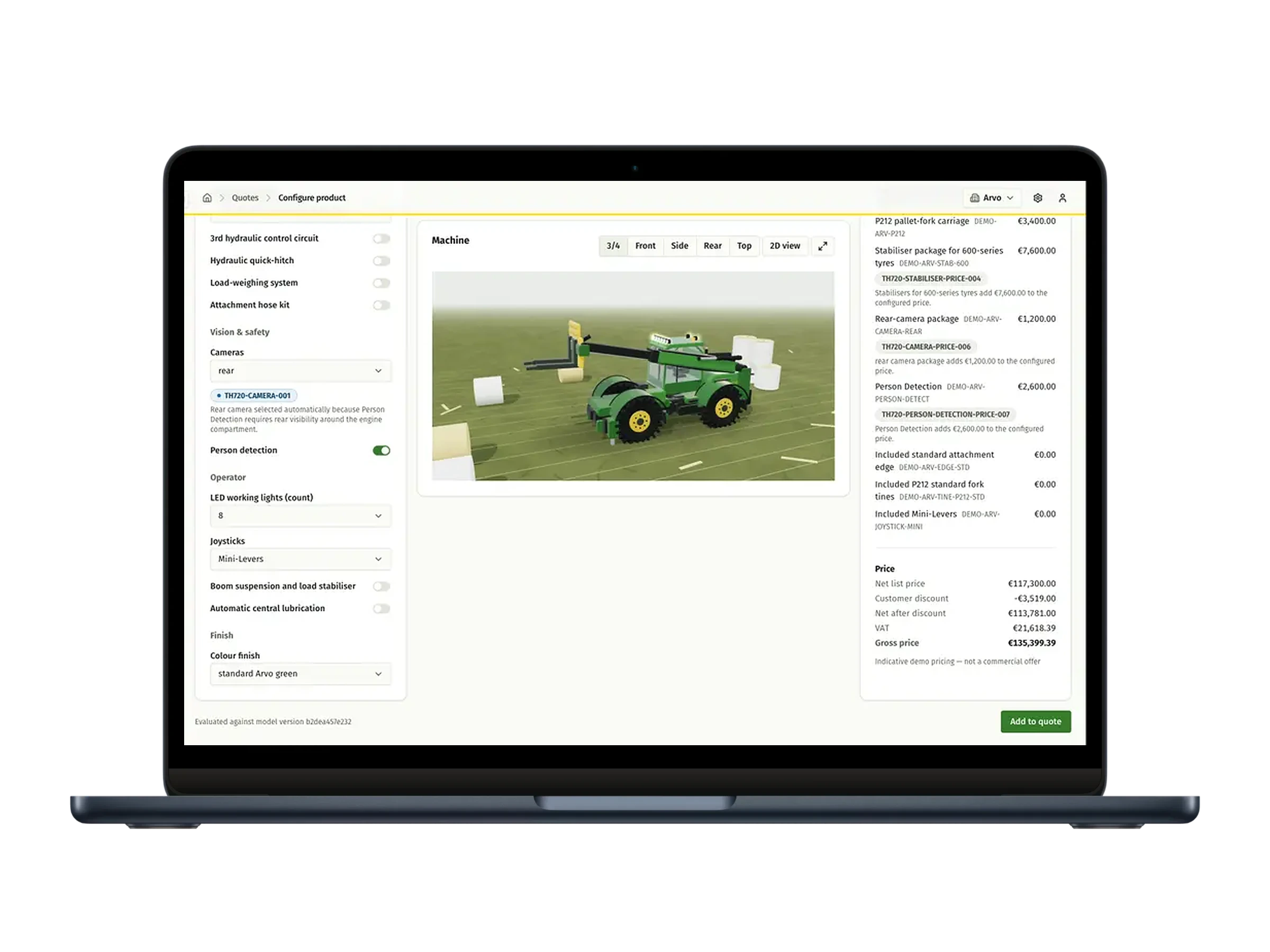 Machinery Configuration & Quoting — Configurator · options, 3D, bill of materials and price